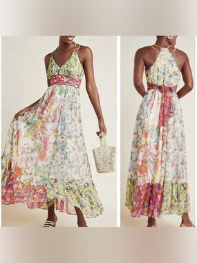 Anthropologie Malibu Floral Colorful Cottagecore Boho Vacation Maxi Dress sz 10